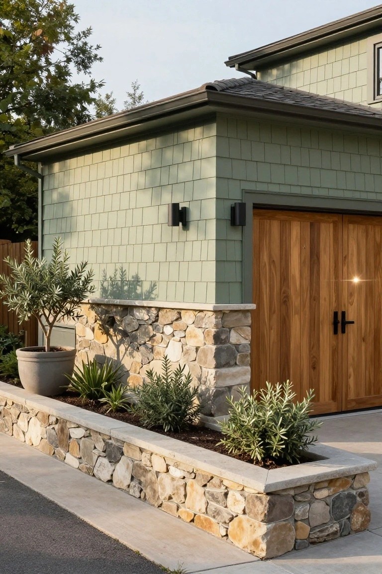 Side view of a sage green shingle garage with double wooden doors, black wall lights, a low irregular stone wall base with built-in planter holding potted olive tree, agave, and other shrubs, next to a concrete driveway and wooden fence.