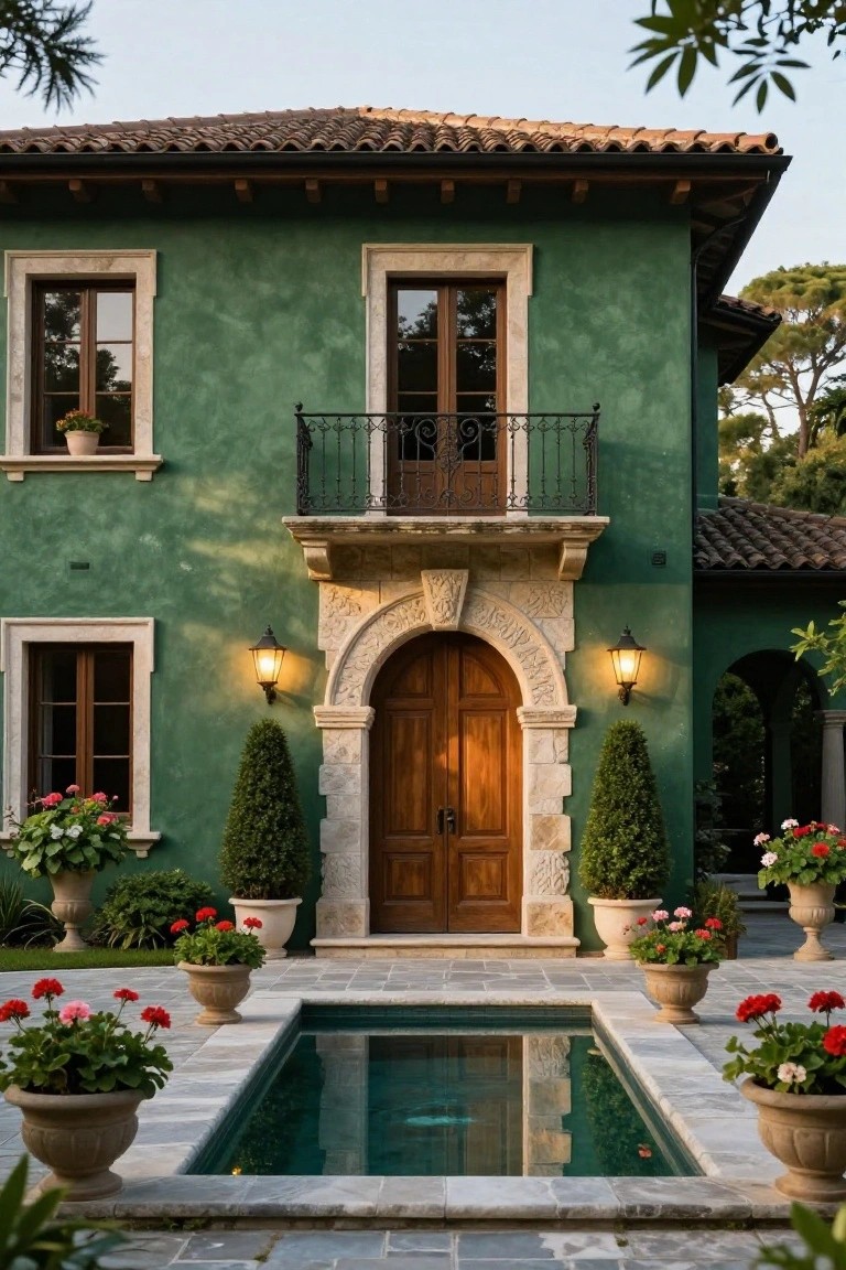 Green stucco house facade with carved stone archway around a wooden double door, wrought iron balcony above, lanterns on either side, potted plants and trees, and a small rectangular pool in a stone-tiled courtyard.