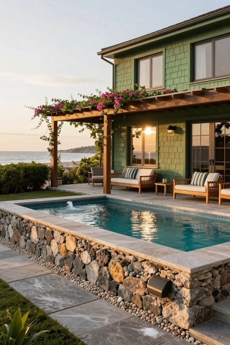 Green shingle house with pergola draped in pink bougainvillea, teak lounge seating on a patio next to a rectangular pool raised against a dry-stacked stone wall, overlooking beach and ocean at sunset.