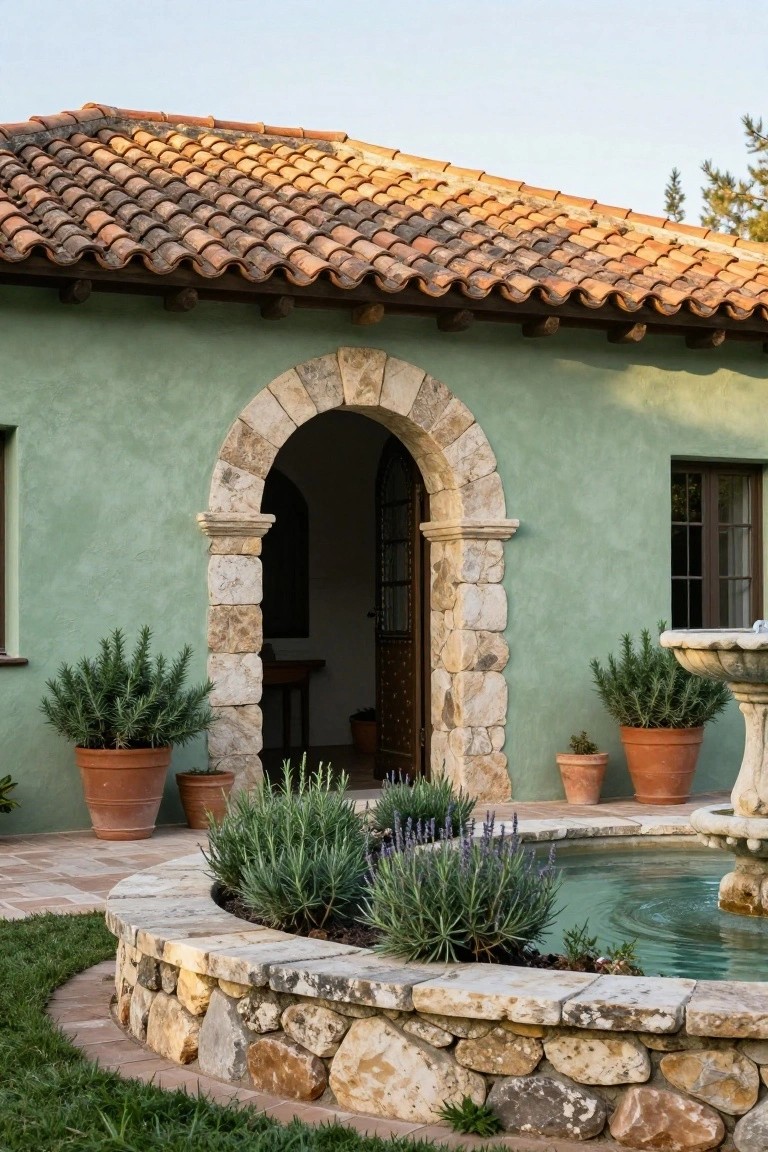 Green stucco house exterior featuring a stone arched doorway with wooden door, flanked by potted rosemary plants, lavender bushes, and a circular stone fountain on a paved patio surrounded by grass.
