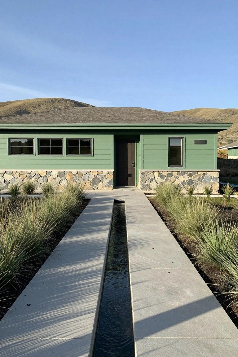 Sage green horizontal board-and-batten house exterior with a stone base, dark wood entry door, concrete pathway with central water channel flanked by grasses, and hills in the background.