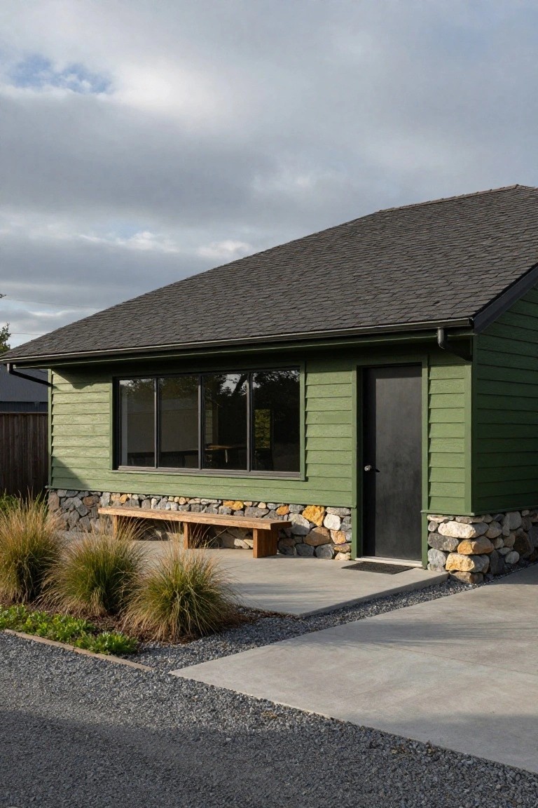 A small green clapboard shed with black shingled roof, large dark-framed windows, black door, varied stone foundation, wooden bench nearby, ornamental grasses, and gravel hardscaping on a concrete pad under cloudy skies.