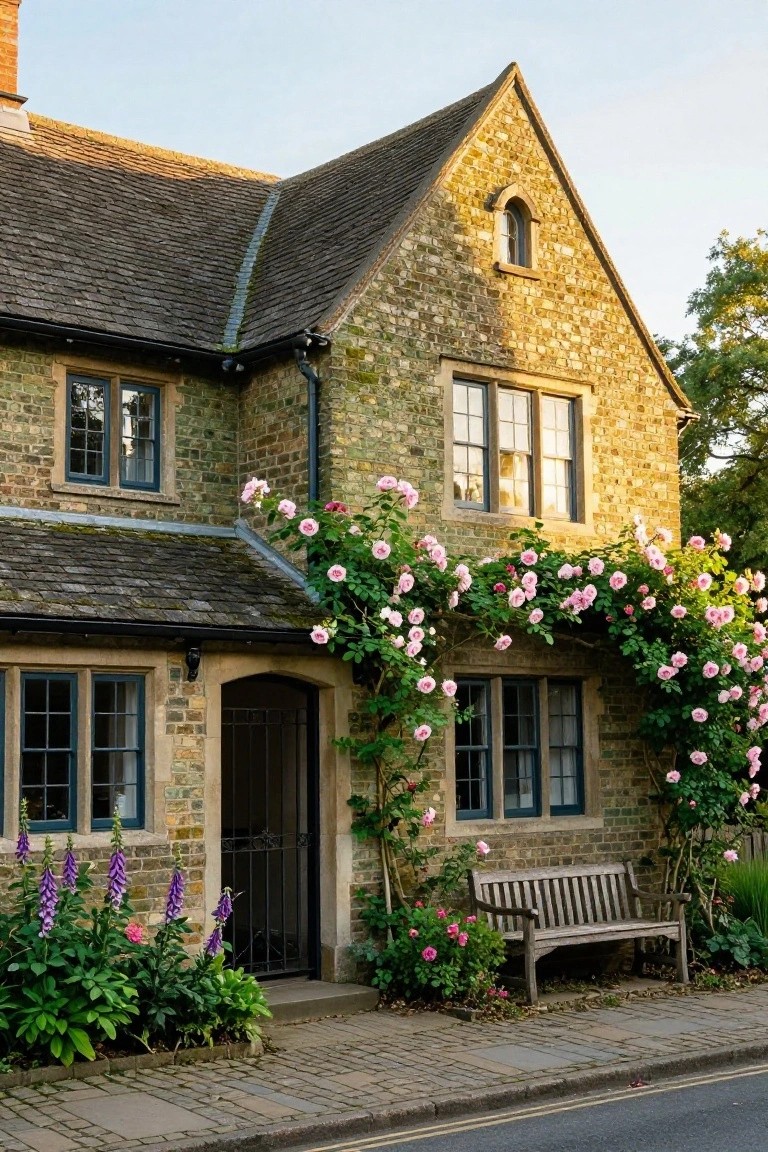 Two-story stone house with gabled roof, multiple windows, arched doorway with black gate, pink climbing roses covering parts of the facade, foxgloves and other plants in front, wooden bench beside entrance, stone path leading to street.