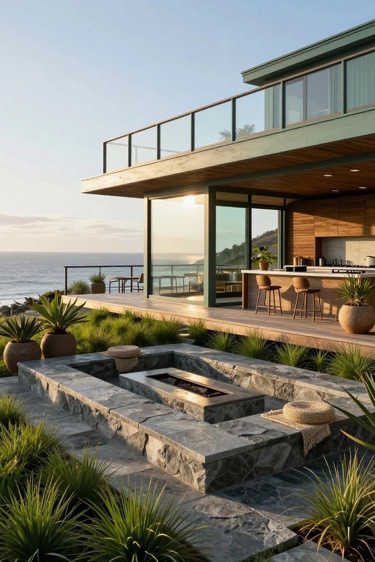 Modern green-sided house with overhanging wooden deck, glass walls showing kitchen, ocean view, and lower gray stone fire pit surrounded by grasses, agaves in pots, and woven cushions.