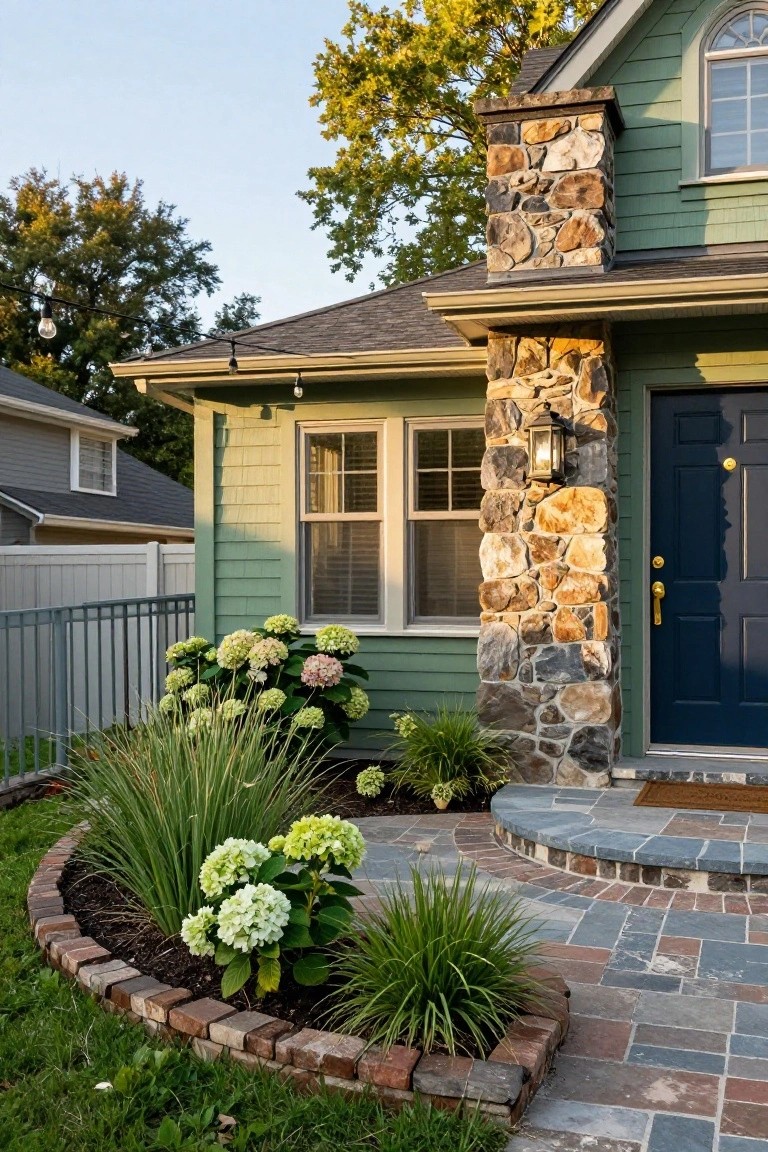 Green clapboard house exterior featuring a tall rough stone pillar beside a navy blue front door, with curved brick landscaping beds containing white hydrangeas and ornamental grasses leading to a curved paver entry path.