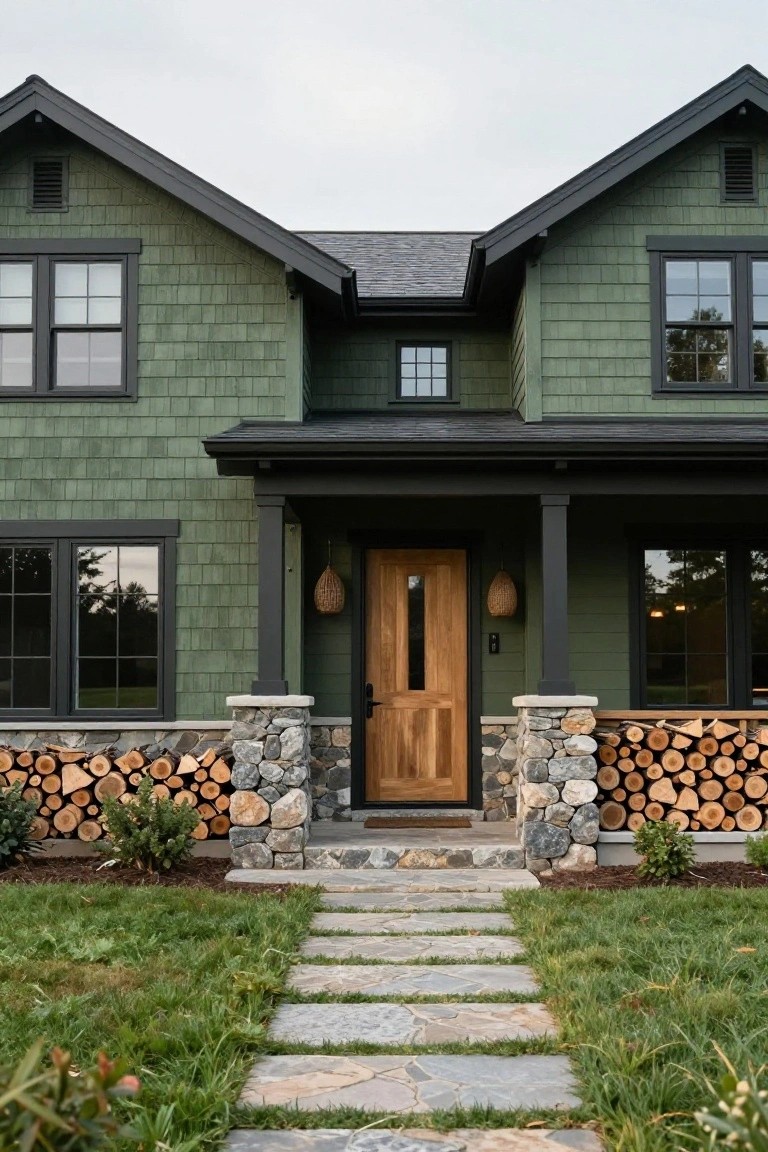 Front exterior of a two-story green shingle house with dark trim, covered porch, wooden entry door, tall stone pillars flanking the porch each stacked with firewood logs, and a stone pathway through the lawn.