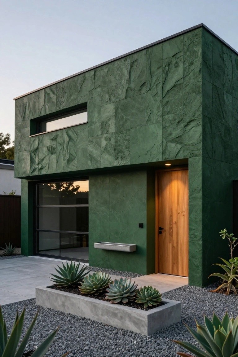Modern house exterior featuring green textured stone panels on walls, a wooden front door with light, glass garage door, concrete planter with agave succulents, gravel ground cover, and potted plants.