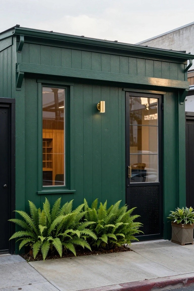 Small hunter green wooden shed with vertical siding, featuring two large windows, a black metal garage door with mesh lower panel and brass handle, gold wall light, flanked by black side doors, ferns at base, potted plant nearby, on concrete sidewalk.