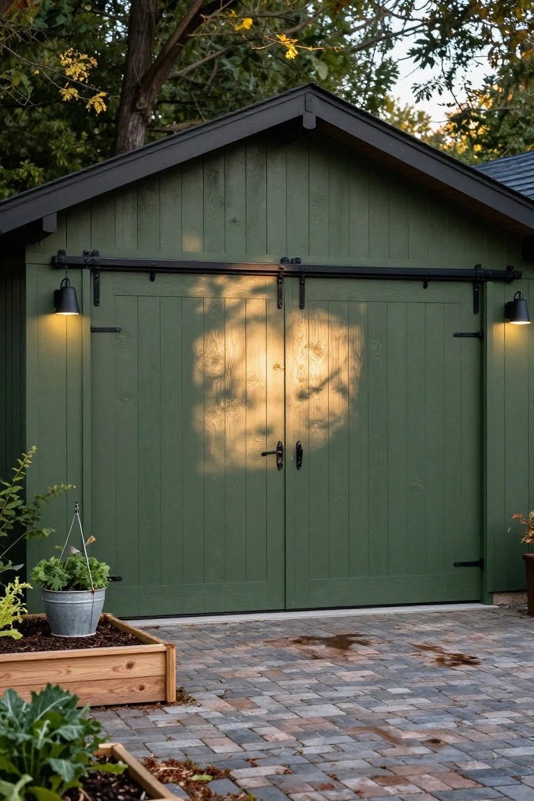Dark green wooden garage with black sliding barn doors centered on the facade, black lanterns on each side, plants in pots and raised beds nearby, and brick paver ground in front.
