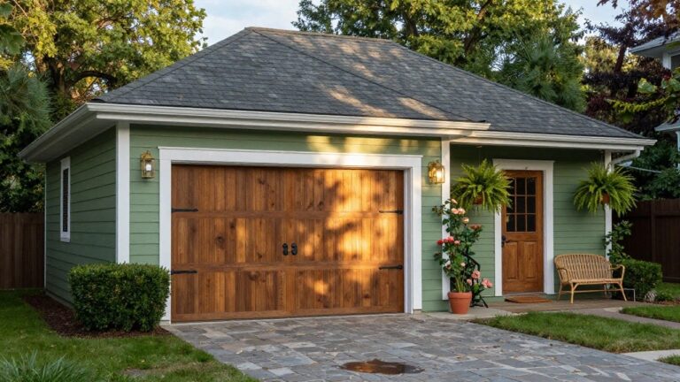 A sage green detached garage with double dark wooden doors featuring black iron strap hinges and handles, flanked by lanterns and plants, next to a stone paver driveway and shrubs.