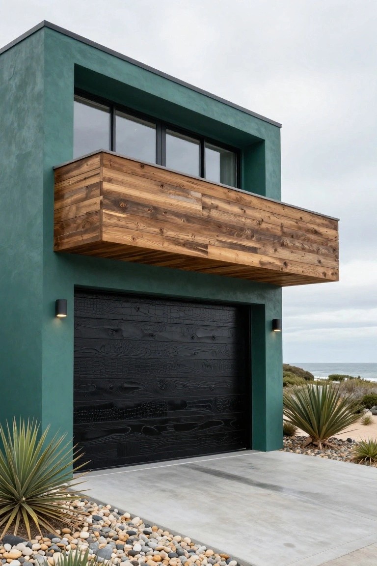 Two-story modern house with teal green stucco walls, black wood-textured garage door, overhanging wooden balcony, black wall lights, agave plants, pebble edging on concrete driveway, and ocean view.