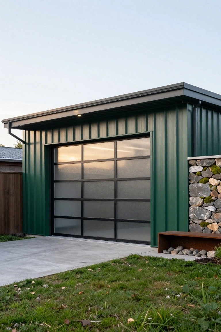 Green corrugated metal garage building with a large vertical frosted glass garage door, flanked by a stone wall and metal bench on a paved area with grass nearby.