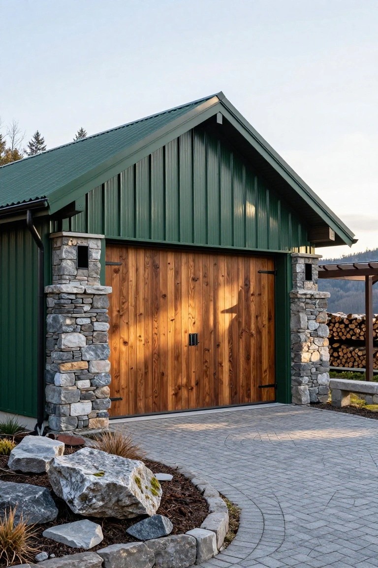 Green metal-sided garage building with vertical siding, double wooden garage doors, stone pillars on sides, paver driveway curving in front, and large rocks with plants in a bed along the edge.