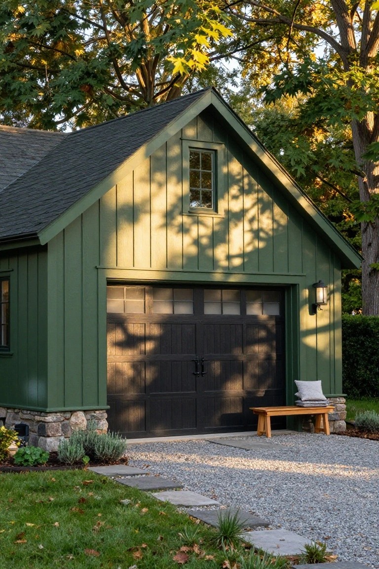 Detached sage green board-and-batten garage with large dark paneled garage door, stone foundation, lantern light, wooden bench with pillows, gravel driveway, and surrounding landscaping under trees.