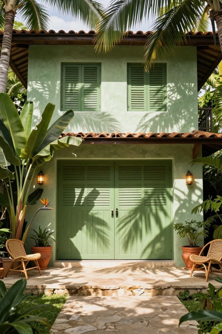 Two-story mint green stucco house exterior with matching green louvered garage doors, flanked by large potted plants, rattan chairs, tropical foliage, and wall lanterns.