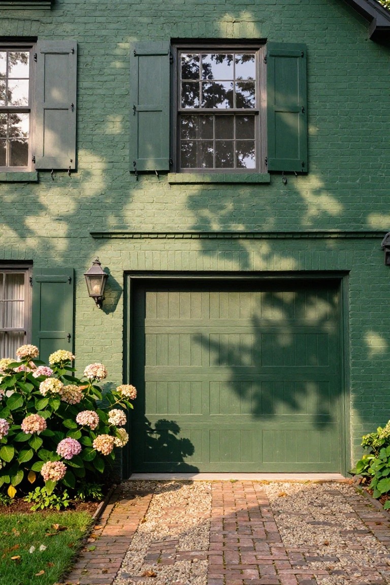 Green-painted brick house exterior with matching green paneled garage door, dark green shutters on multipane windows, wall-mounted lantern light, clusters of pink and white hydrangea bushes, and driveway of brick pavers edged with gravel.