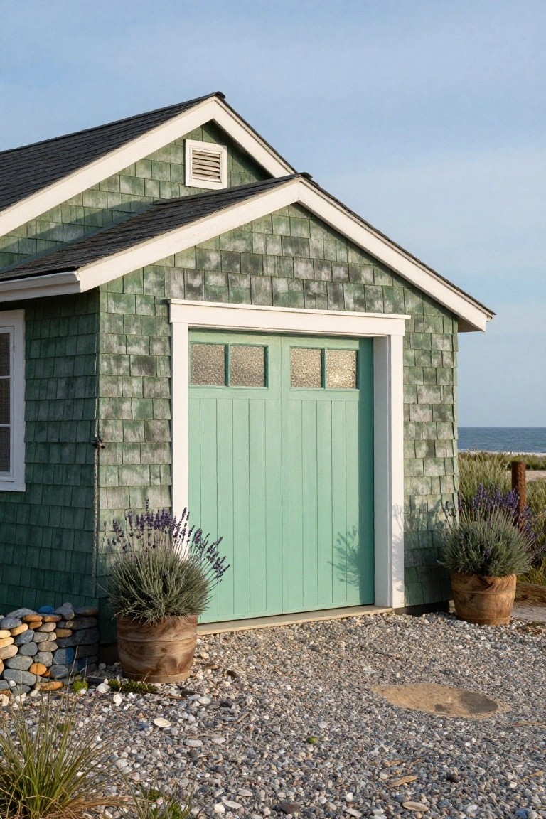 Green shingled garage building with mint green paneled garage door featuring frosted glass windows, flanked by potted lavender plants on a gravel driveway near beach grass and ocean.