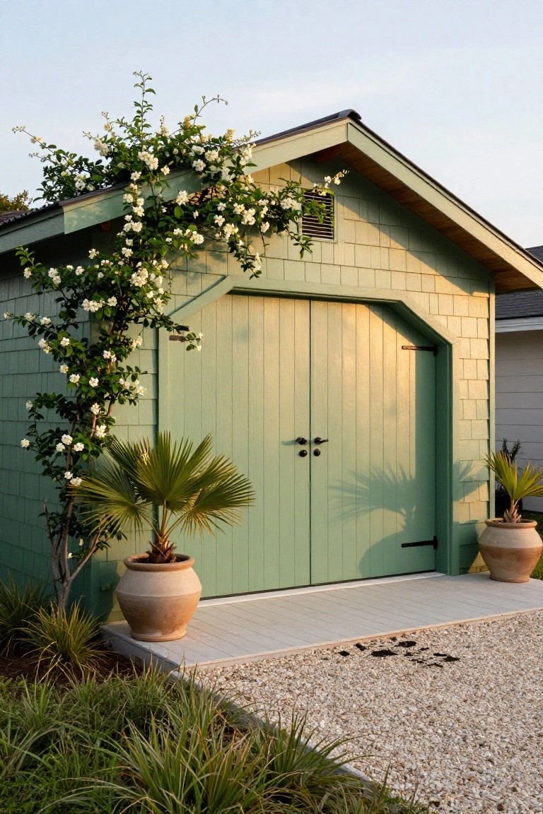 Sage green shed structure with vertical board-and-batten siding, double wooden garage doors, white climbing flowers covering the left side and roof edge, two large potted fan palms flanking the front, gravel path and low groundcover plants.