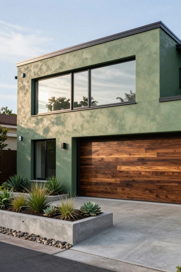 Modern two-story house with sage green stucco exterior, large walnut wood plank garage door, reflective windows, and concrete planters with succulents along the driveway.
