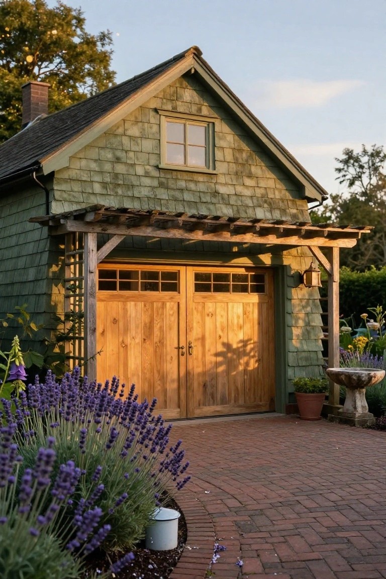 Green shingled garage building with double wooden garage doors featuring glass windows, wooden pergola overhang, lavender plants in front, brick paver driveway, and potted plants nearby.