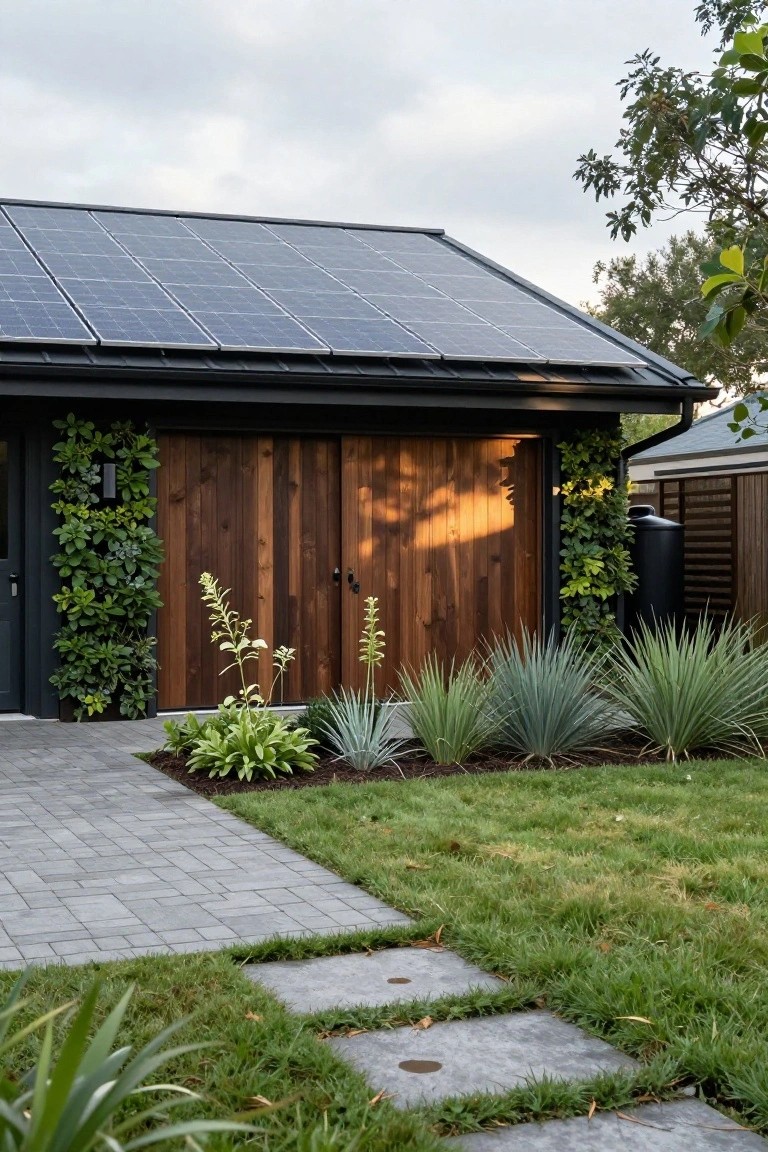 Modern garage with dark frame, double vertical wood plank doors, green vertical living wall on left side, solar panels on sloped roof, agave plants in front, paved path and grass lawn.