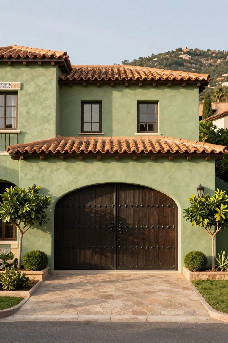 Green stucco house facade with terracotta tile roof, large dark wooden arched double garage door centered below two windows, potted plants on sides of door, stone paver driveway, and hillside background.