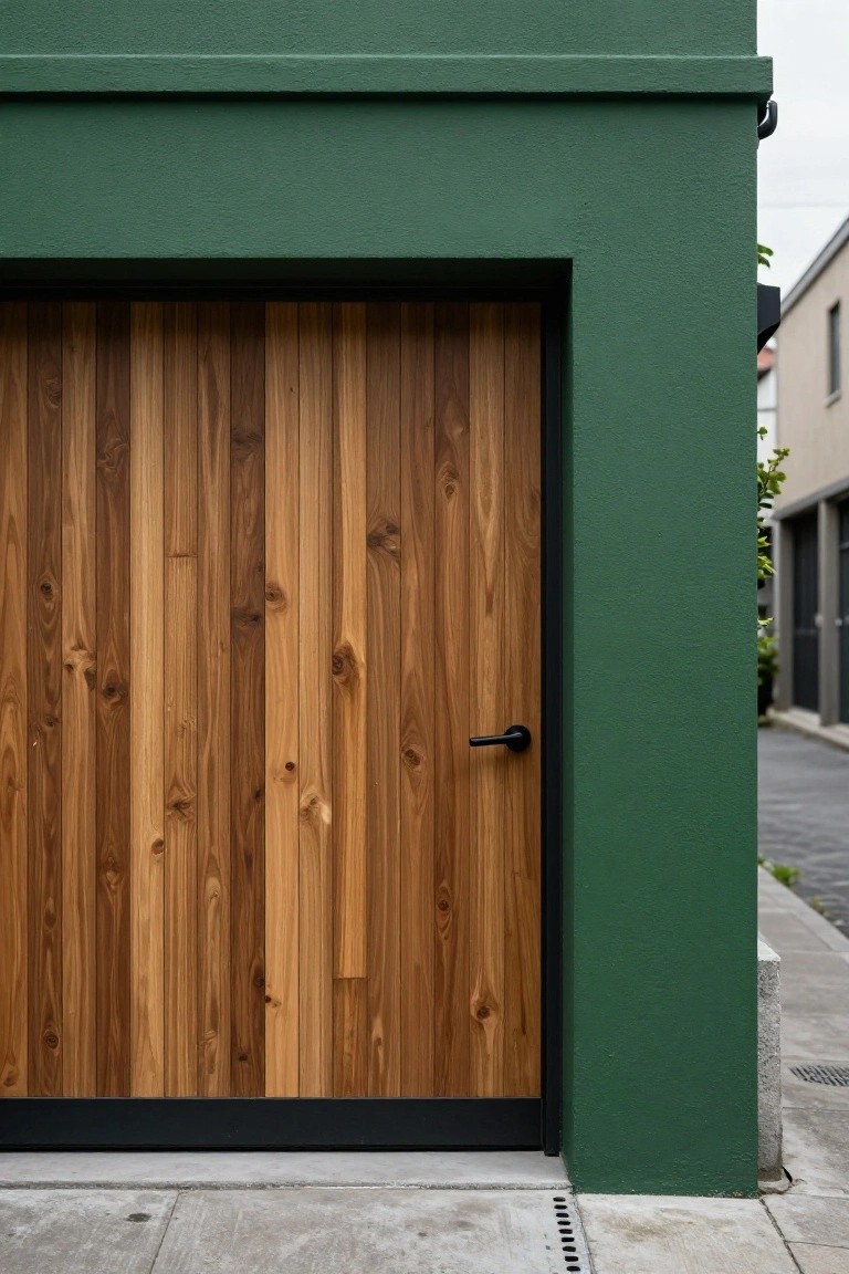 Close-up of a tall vertical wooden slat garage door with black frame and handle set into a smooth green painted wall, beside a concrete sidewalk and drainage grate.