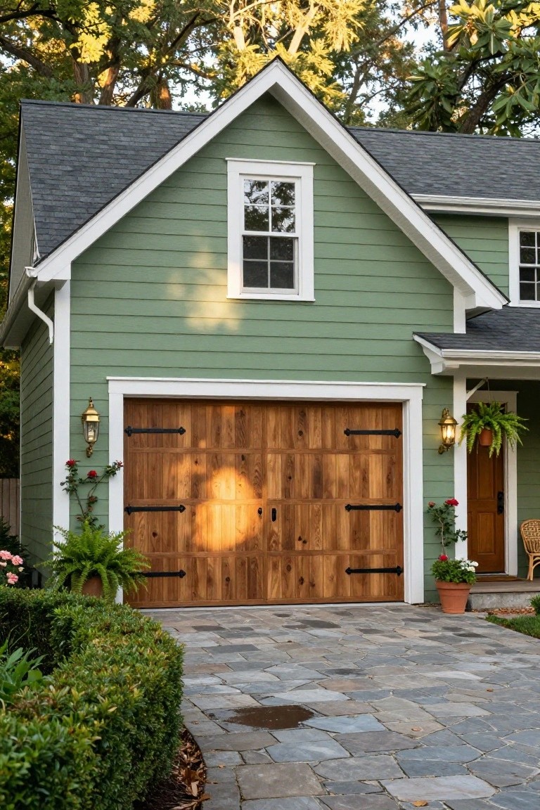 A sage green detached garage with double dark wooden doors featuring black iron strap hinges and handles, flanked by lanterns and plants, next to a stone paver driveway and shrubs.