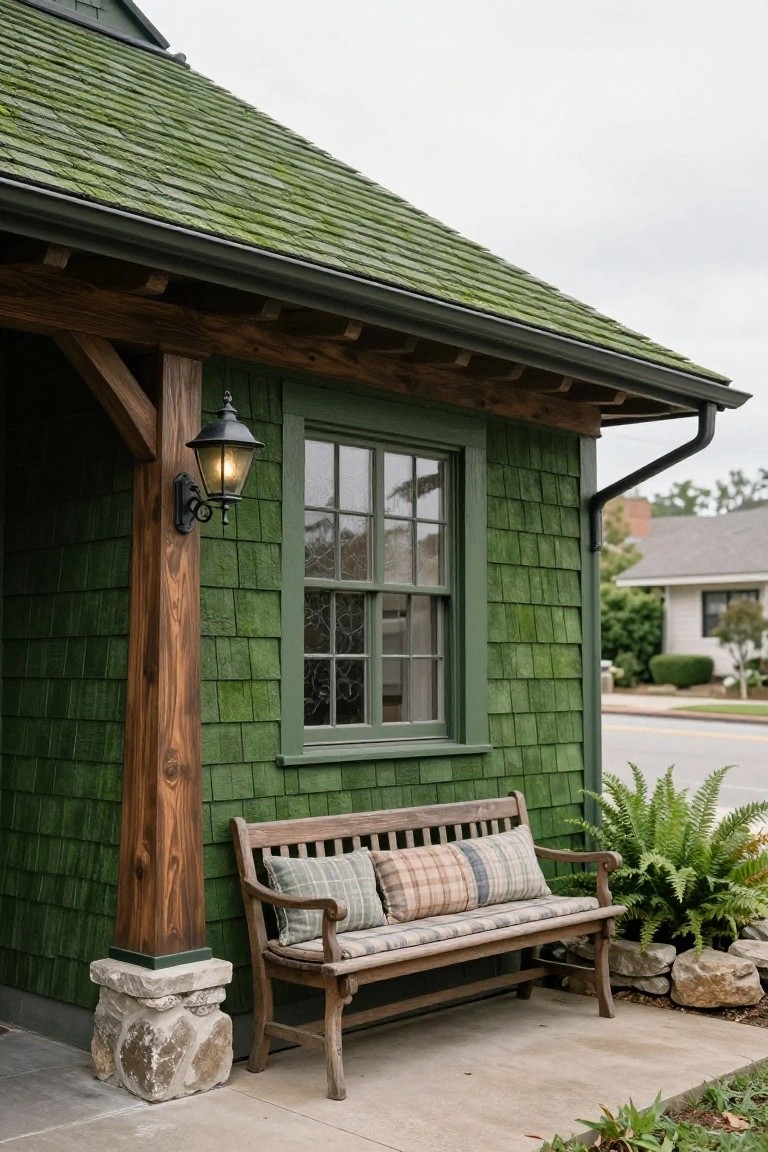 Side exterior of a green shingled house featuring a wooden bench, lantern light beside a multi-pane window, ferns, and rocks on a concrete pad.