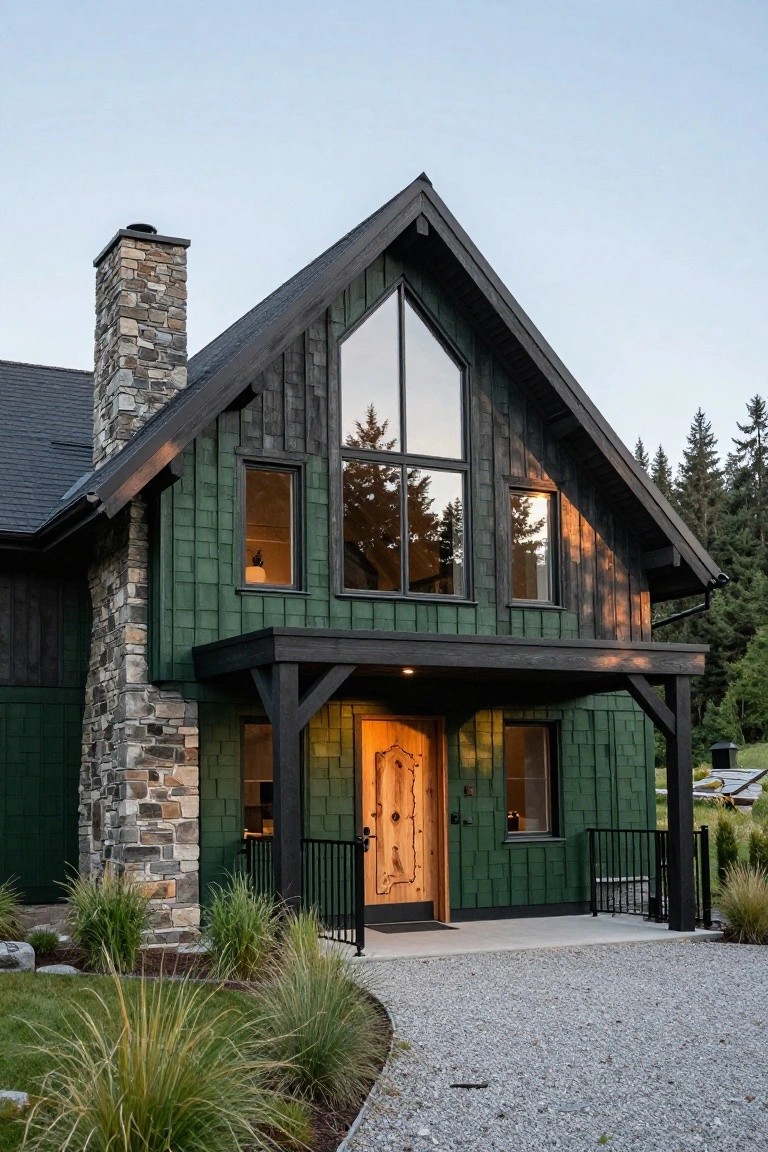 Front view of a two-story cabin-style house with dark green shingle siding, black trim and roof, stone chimney, large triangular window, wooden entry door, covered porch, gravel driveway, ornamental grasses, and surrounding evergreen trees.