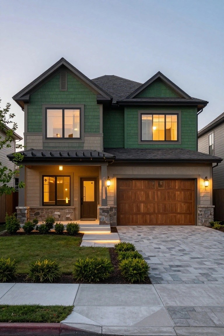 Front view of a two-story house at dusk with dark green shingle roof, sage green siding, beige trim, wooden garage door, stone pillars, front porch lighting, and landscaped yard with grass and shrubs.