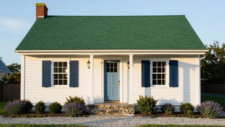 20 Green Roof Shingles House Colors Ideas Front view of a white clapboard house with green shingle roof, gabled dormer window, covered porch with blue door flanked by lanterns, blue shutters on side windows, lavender plants, stone steps, gravel path, and lawn.