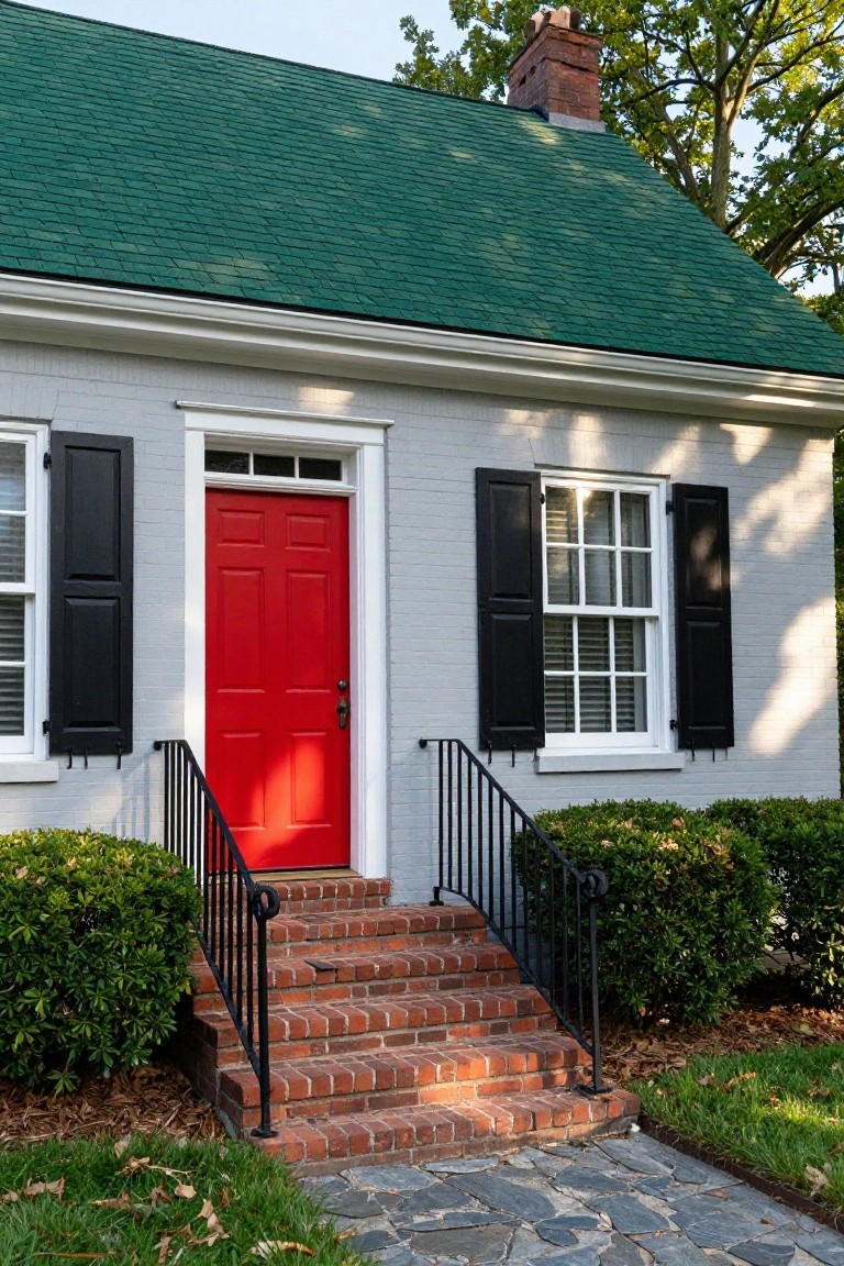 House exterior with green shingle roof, light gray clapboard siding, black shutters on white-trimmed windows, red front door, black metal railing on brick steps flanked by boxwood shrubs, and stone walkway in front yard.
