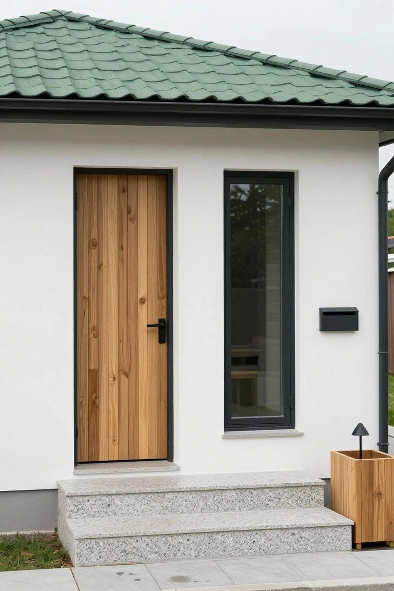 Front exterior of a house with green shingled roof, white stucco walls, vertical wooden entry door in black frame, narrow black-framed window, granite steps, black mailbox, and wooden planter box.