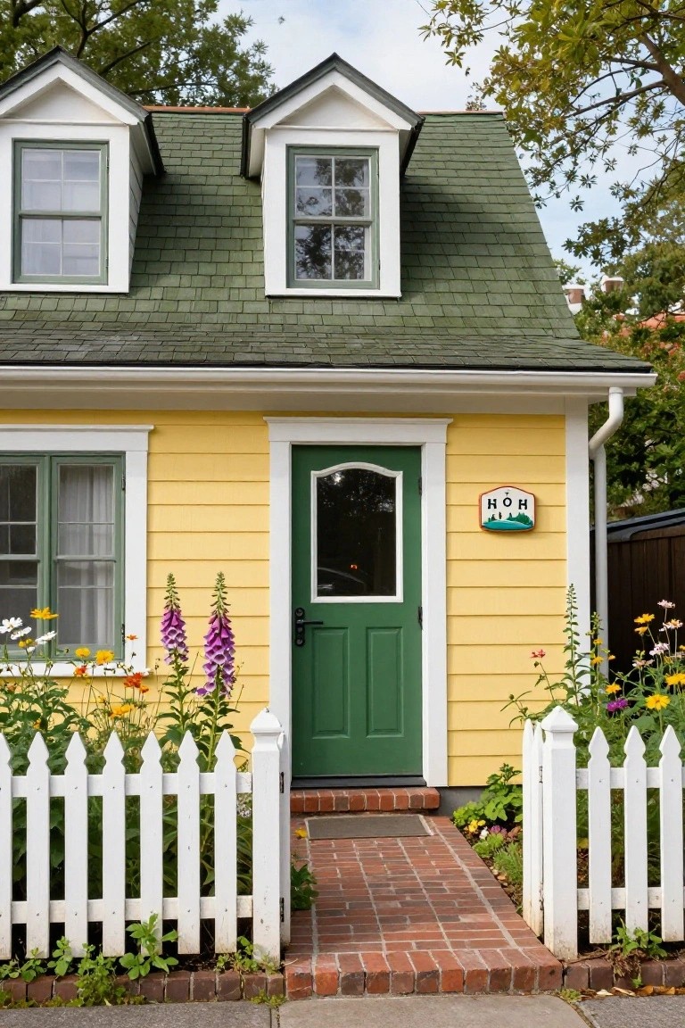 Yellow clapboard house with green roof shingles, green front door, white trim and picket fence, flower beds, and brick pathway.