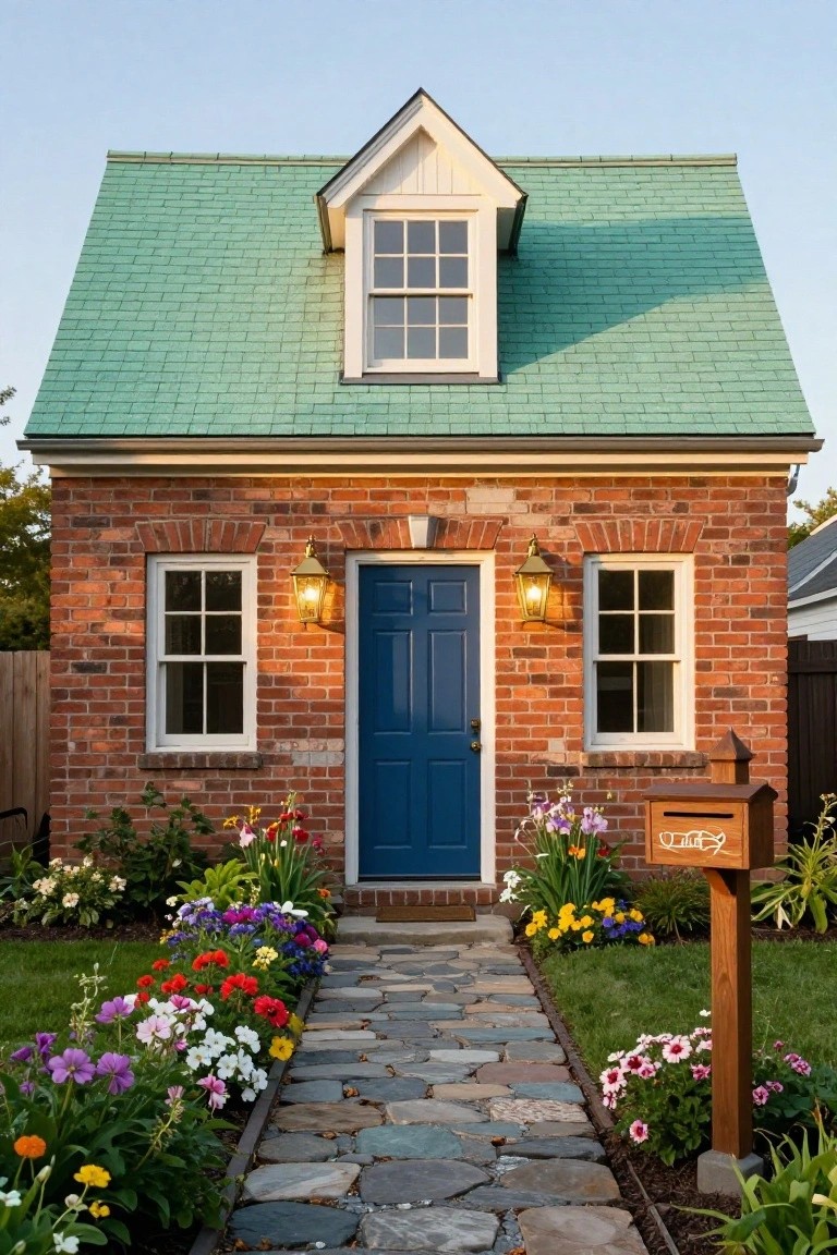 Small brick cottage with green shingled roof, white-trimmed windows, navy blue front door with lanterns, stone pathway, and colorful flower beds.