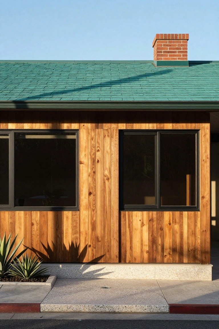 Side view of a house exterior with teal green shingled roof, vertical cedar wood siding, large black-framed windows, brick chimney, and potted agave plants on a concrete planter next to the sidewalk.