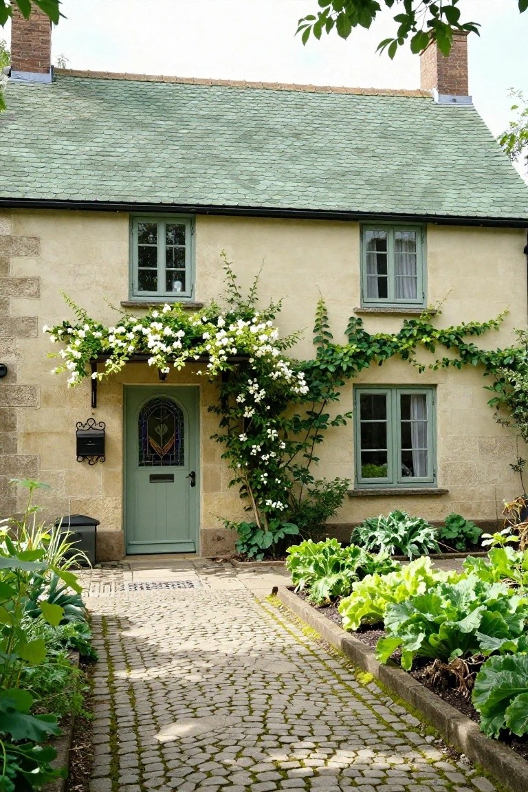 A cream stone cottage with green shingled roof, green-framed windows and arched door, white climbing flowers over the entrance, ivy on walls, and raised vegetable beds along a cobblestone path.