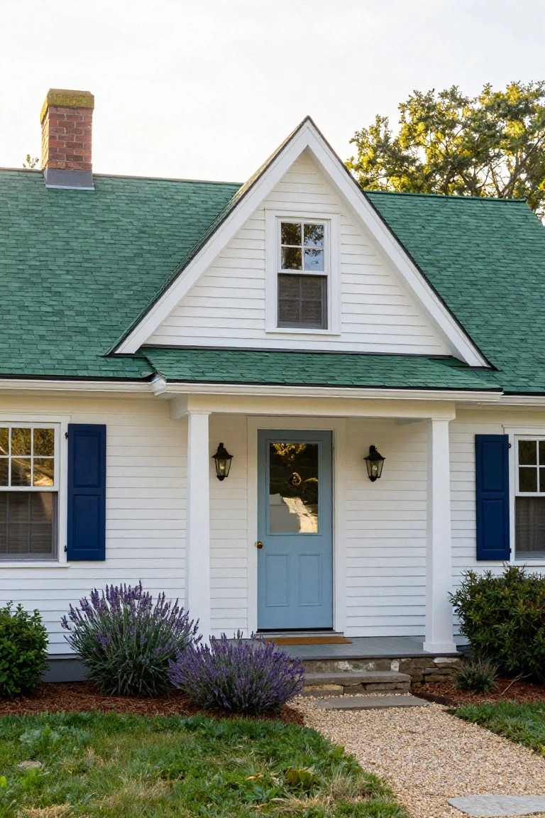 Front view of a white clapboard house with green shingle roof, gabled dormer window, covered porch with blue door flanked by lanterns, blue shutters on side windows, lavender plants, stone steps, gravel path, and lawn.