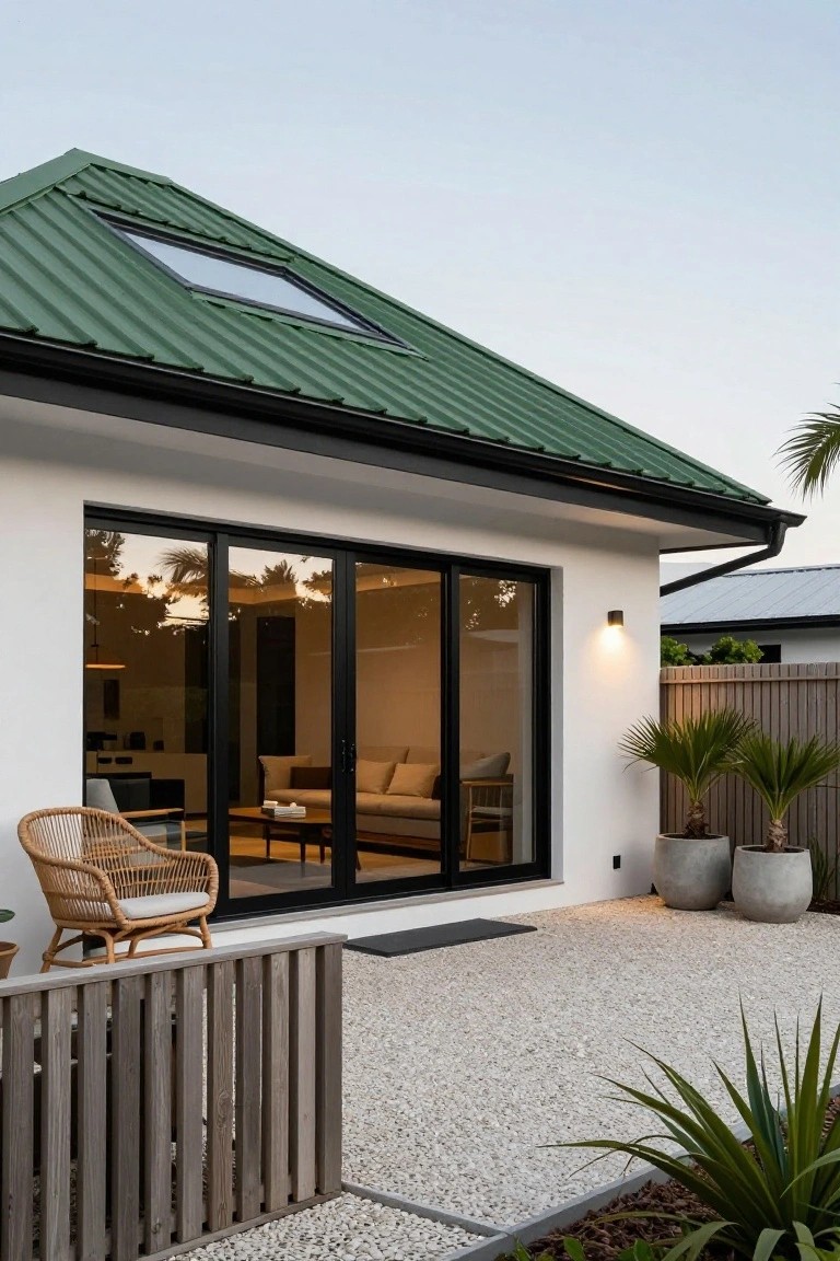 House exterior featuring a green metal roof over white walls with black-framed sliding glass doors opening to a gravel patio, rattan chair, wooden railing, and potted palms.