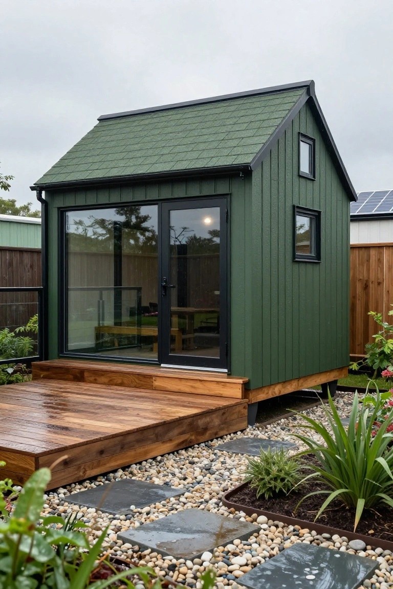 A green tiny house with a wooden deck and landscaped pebbled garden.