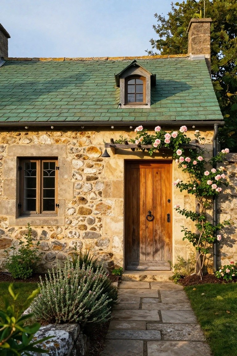 Stone cottage exterior with green shingled roof, wooden front door, climbing pink roses on the wall, lantern light, and flagstone path leading to the entrance.