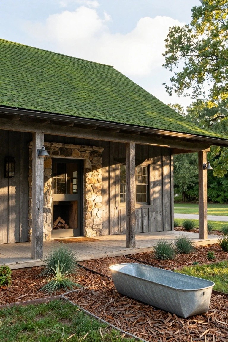 Cozy rustic cabin with stone accents, green moss roof, and a metal tub in garden.