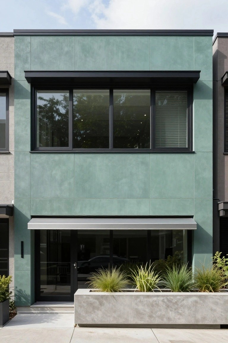 Modern two-story townhouse exterior with light teal stucco walls, black-framed windows, black front door, metal awning over entry, and concrete planters with ornamental grasses.