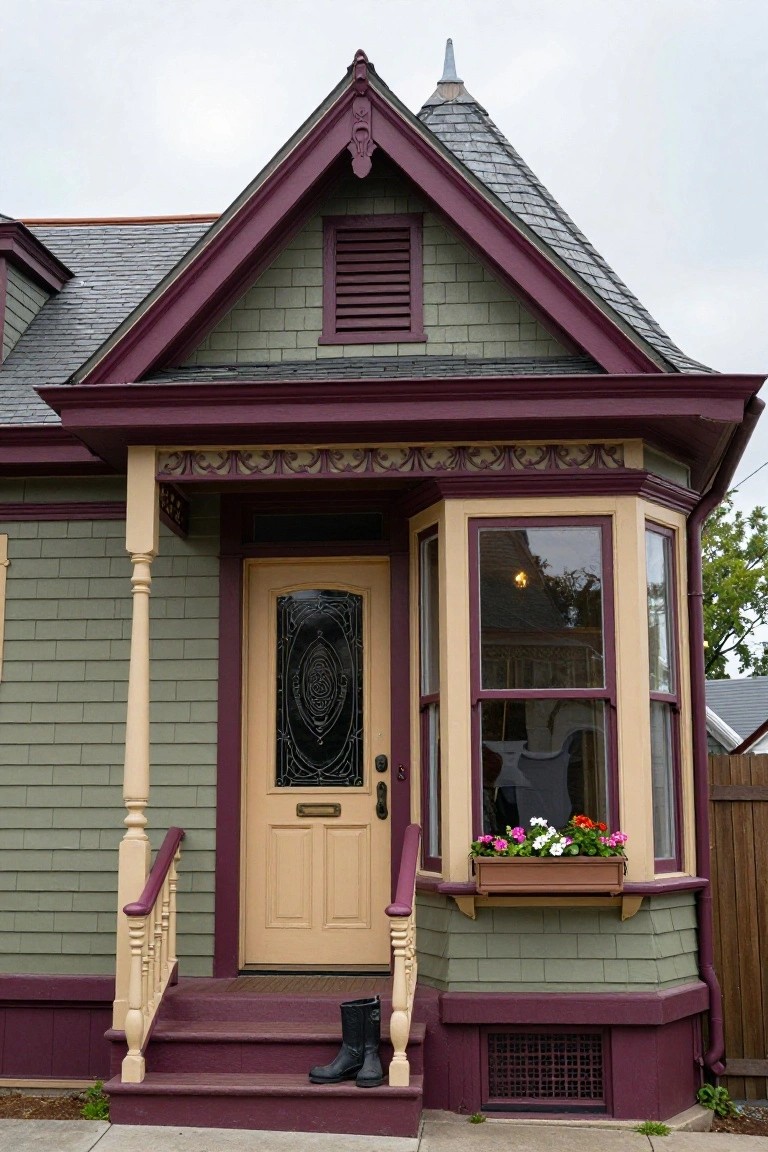 Front view of a two-story Victorian house with olive green shingle siding, magenta trim and roof edges, dark slate roof, beige front door with stained glass, bay window with flower box, and porch with boots on steps.