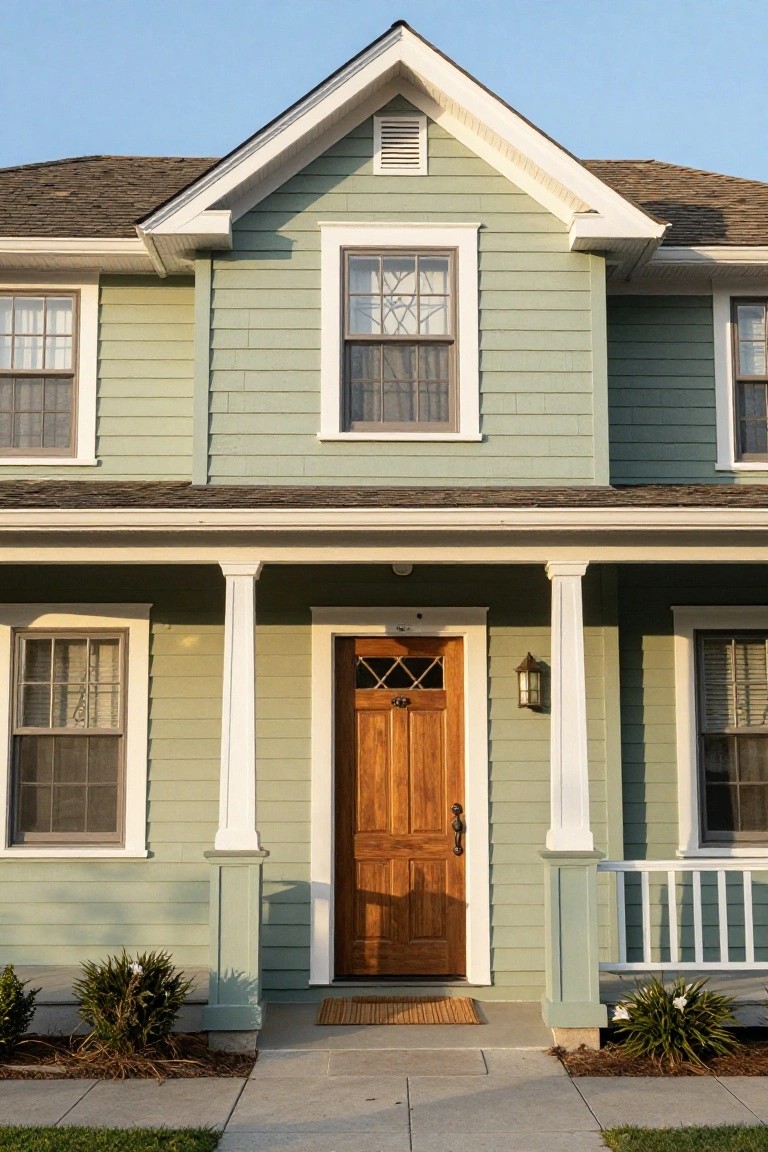 Front exterior of a two-story house with light green horizontal siding, dark green shingled gable roof, white trim, covered porch with columns, wooden door with glass panel, and small shrubs beside the concrete entry path.