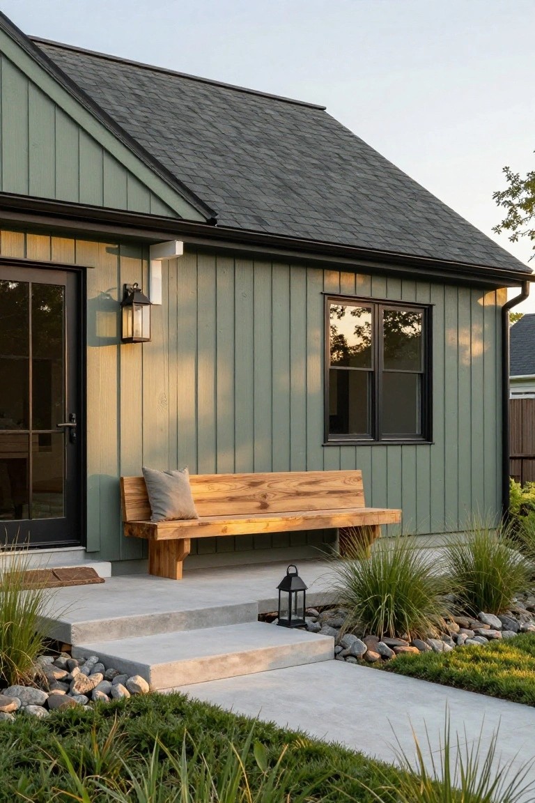 Side exterior of a sage green vertical board and batten house with dark shingle gable roof, black-framed door and window, wooden bench on concrete steps, lanterns, ornamental grasses, rocks, and a path.