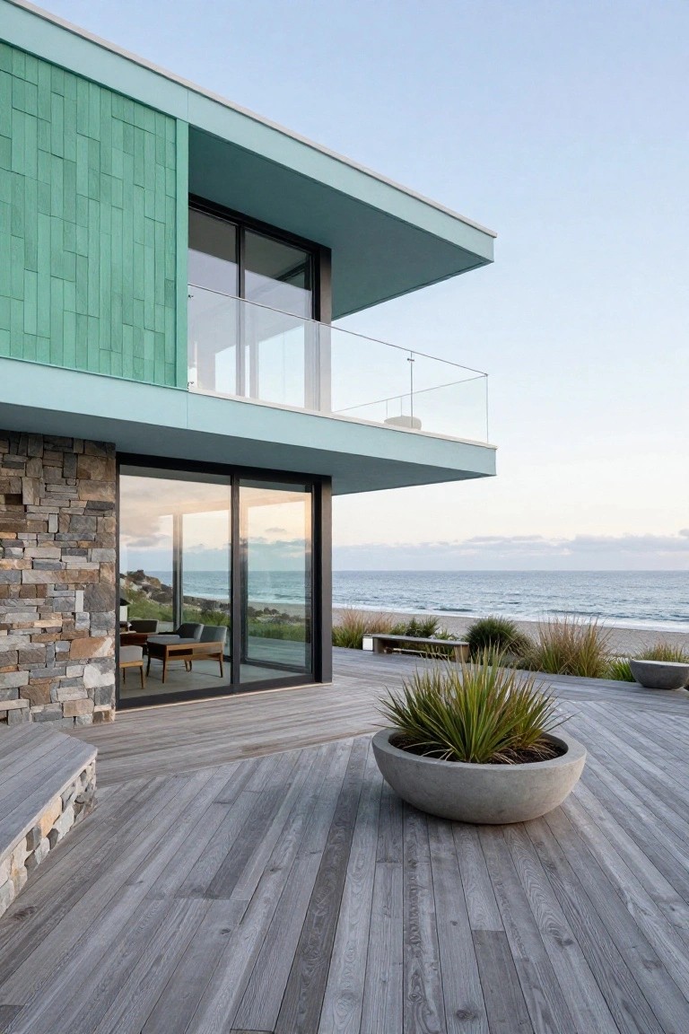 Modern beach house corner exterior with vertical teal green shingle cladding on upper walls, gray stone base, large glass sliding doors opening to gray wood deck with ocean view, potted agave plant, and bench seating.