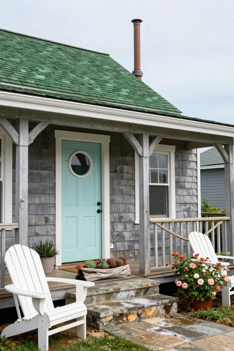 Shingle-style house exterior with green roof shingles, gray shingled siding, turquoise front door featuring a round window, covered porch with white Adirondack chairs, potted plants, and stone steps.