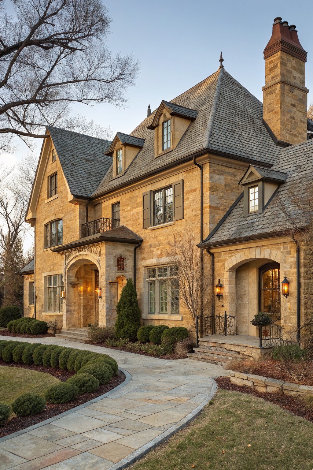 Multi-story house exterior clad in yellow-toned stone with slate gable roofs, arched entry porch with lanterns, flanked by evergreen shrubs and a curved bluestone pathway.